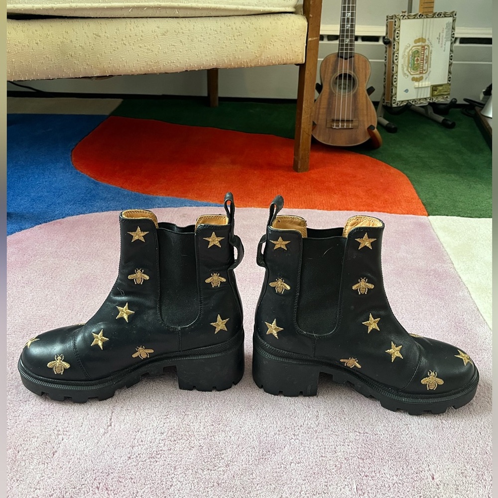 Black Ankle Boots with Star and Bee Embroidery - Picture 3 of 10
